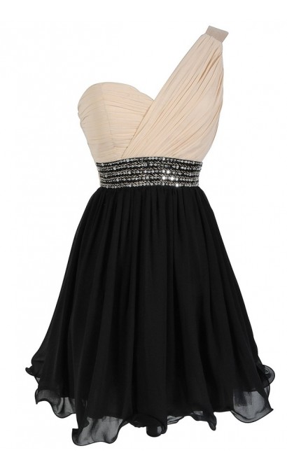 One Shoulder Embellished Chiffon Designer Dress in Cream/Black
